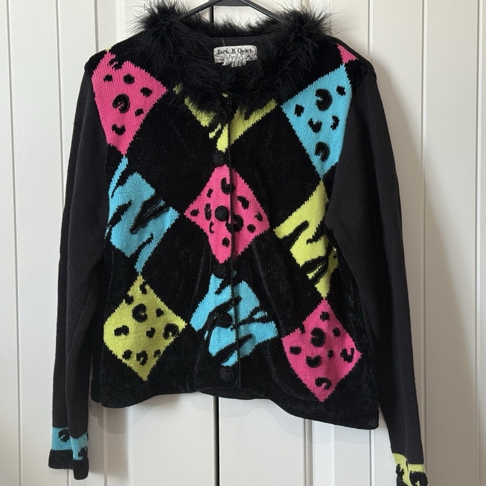 Vintage Jack B Quick Cardigan Sweater Women Large Black Geometric‎ Faux Fur